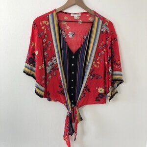 Johnpaulrichard Cropped Blouse Women XS Red Front Tie Stripes Bohemian Colorful